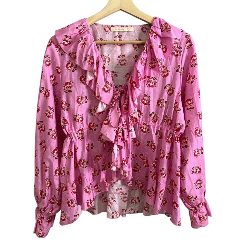 Maraislise Floral Ruffle Tie Front‎ Blouse Pink Size 2 M Romantic Girly Coquette